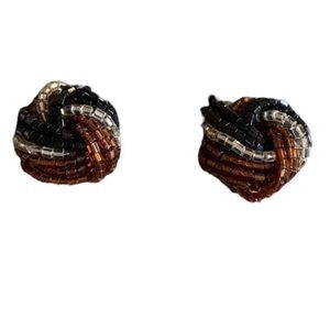 Vintage Glass Beaded Clip On Earrings Woman’s Jewelry Brown Black & Silver